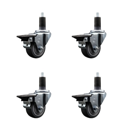 Service Caster 3'' Thermoplastic Rubber Swivel 1-1/4'' Expanding Stem Caster Set with Brake, 4PK SCC-EX20S314-TPRB-PLB-114-4